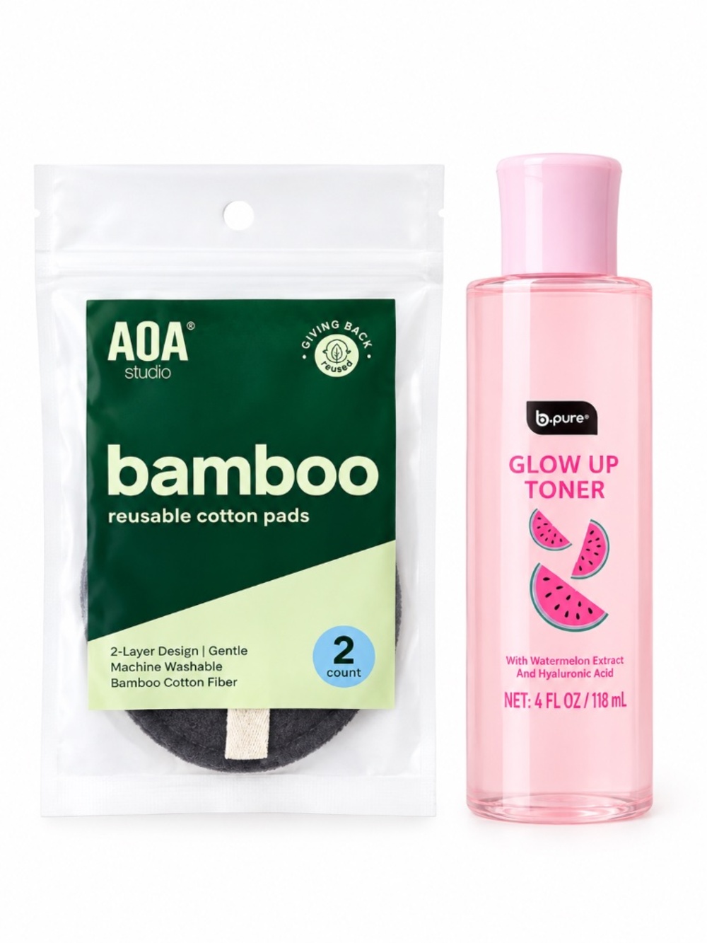 NWT B.Pure Watermelon Glow Up Toner 4oz & AOA Bamboo Reusable Cotton Pads Set
